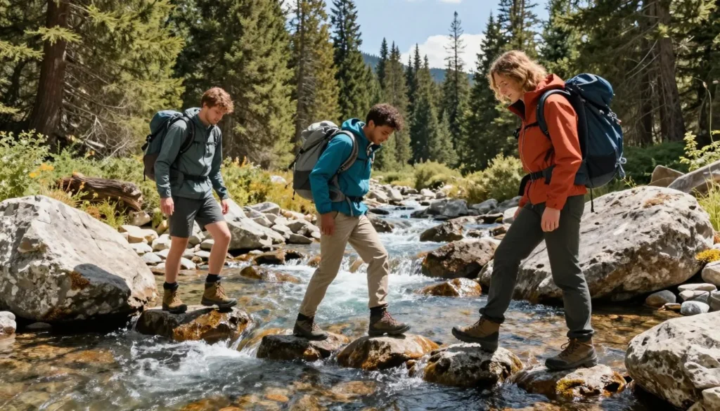 Hikers crossing mountain stream on rocks
