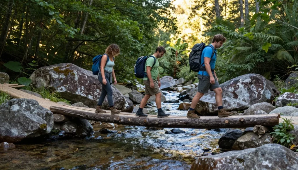 Hikers crossing wooden footbridge over mountain creek in Cherokee National Forest Hikers crossing wooden footbridge over mountain creek in Cherokee National Forest