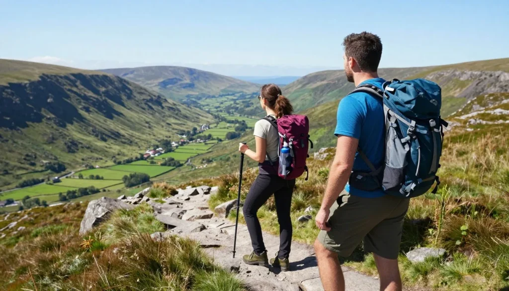 Hikers enjoying panoramic views from Comeragh Mountains trail overlooking green valleys below