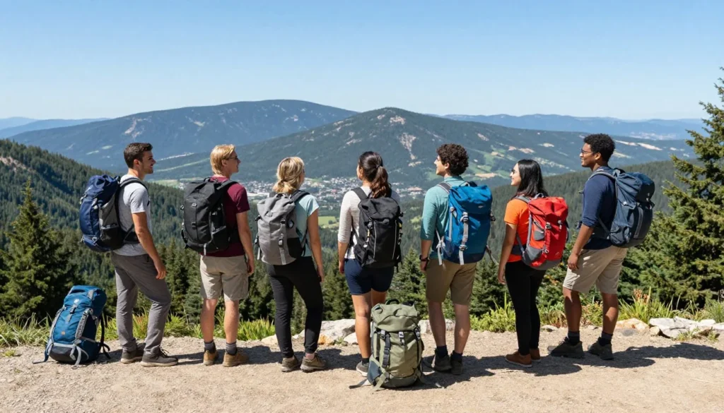 Hikers enjoying scenic mountain overlook Hikers enjoying scenic mountain overlook