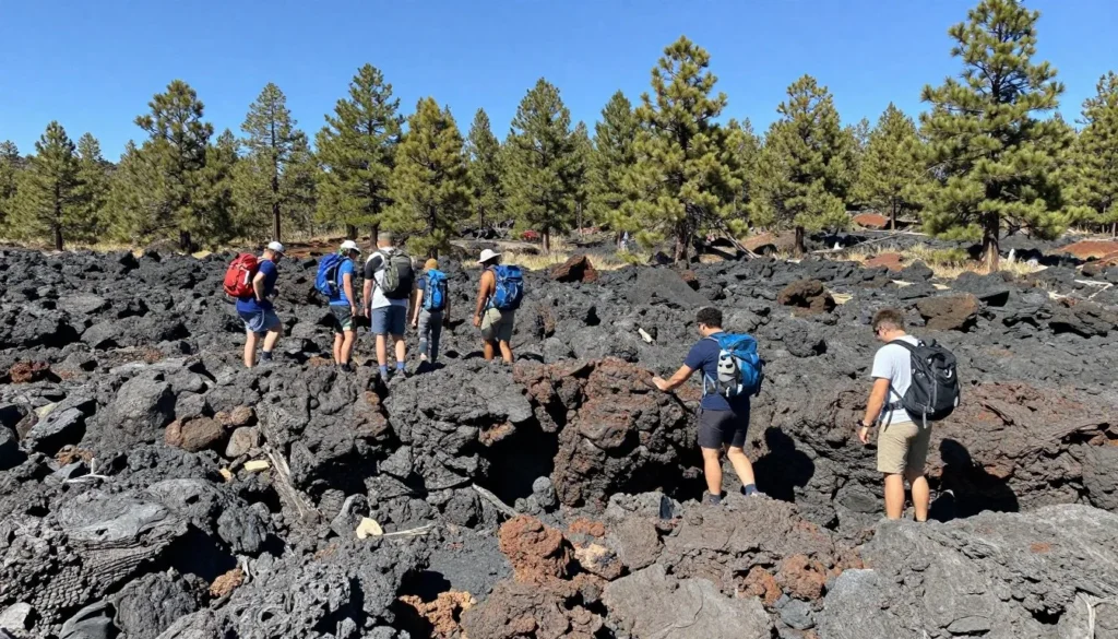Hikers exploring ancient lava flow formations on Markagunt Plateau trail