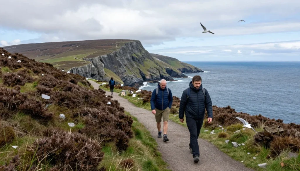 Hikers exploring coastal trail with dramatic cliff views