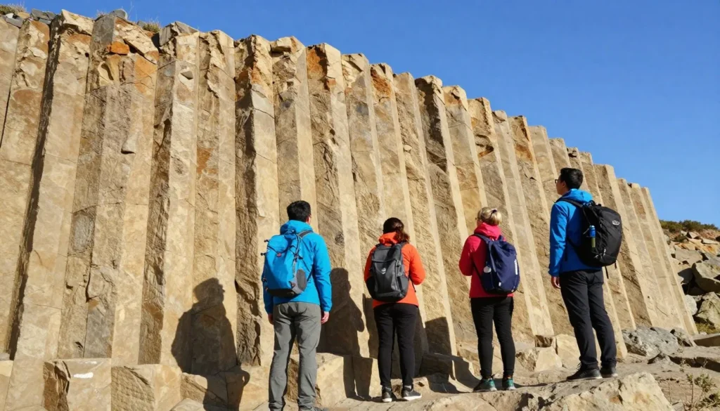 Hikers exploring columnar basalt formations at Twin Peaks volcanic site Hikers exploring columnar basalt formations at Twin Peaks volcanic site