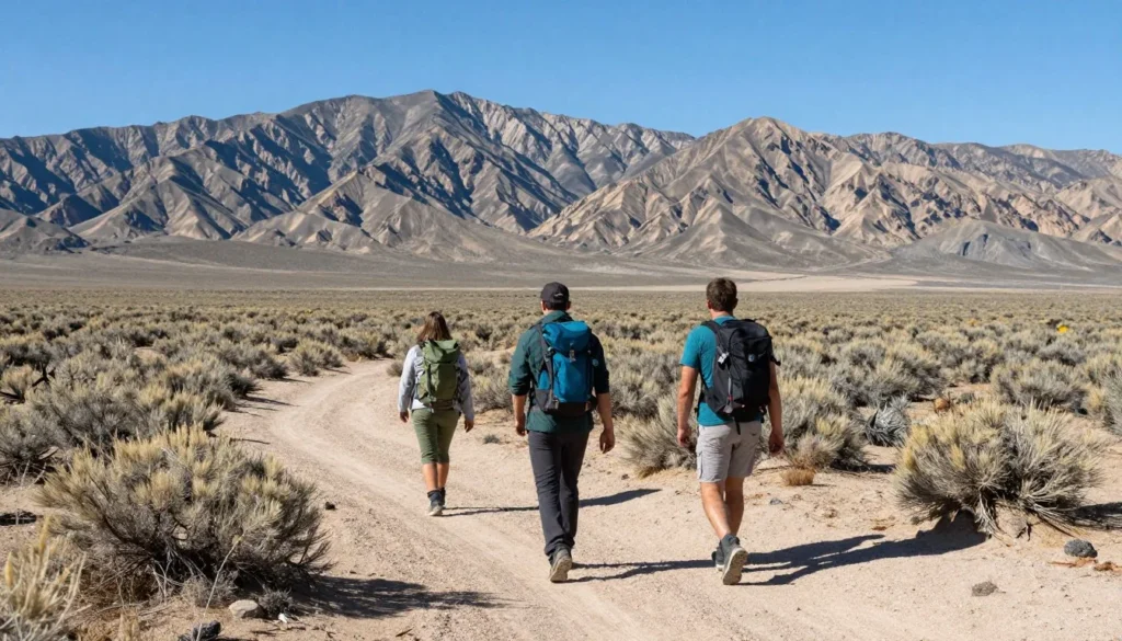 Hikers exploring desert valley near hot springs Hikers exploring desert valley near hot springs