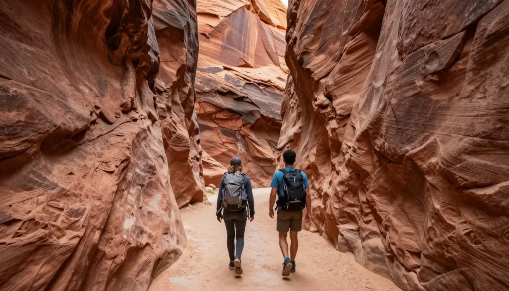 Hikers exploring side canyon in Nine Mile Canyon area with dramatic cliff walls Hikers exploring side canyon in Nine Mile Canyon area with dramatic cliff walls