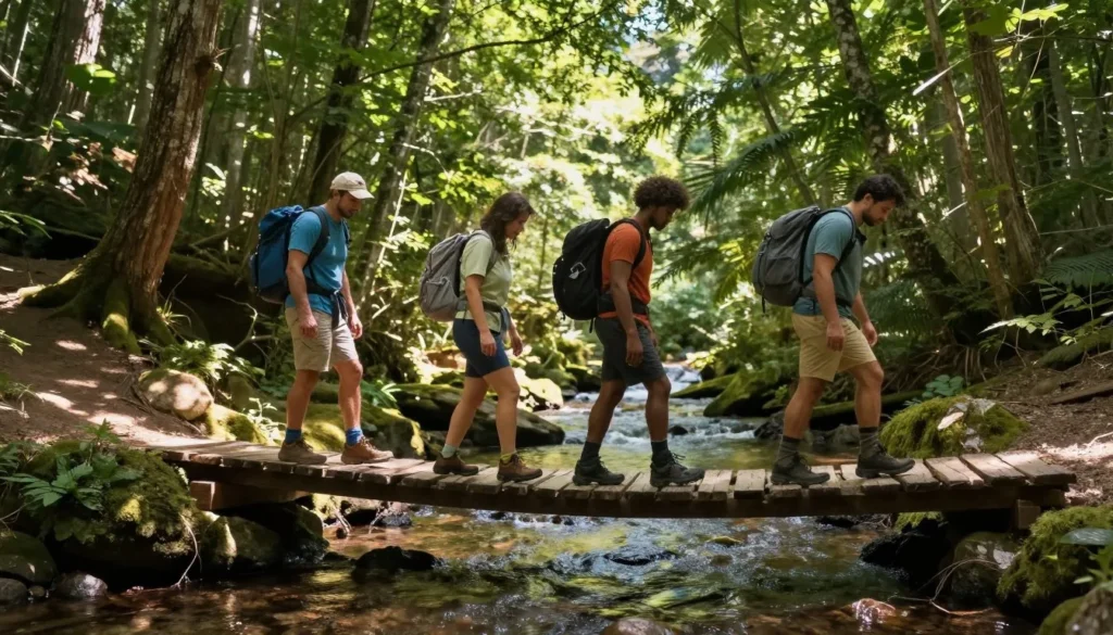 Hikers exploring the scenic Foothills Trail through Gorges State Park wilderness Hikers exploring the scenic Foothills Trail through Gorges State Park wilderness