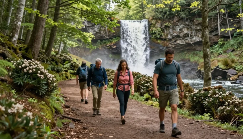 Hikers exploring the trail to Elk River Falls through mountain forest Hikers exploring the trail to Elk River Falls through mountain forest