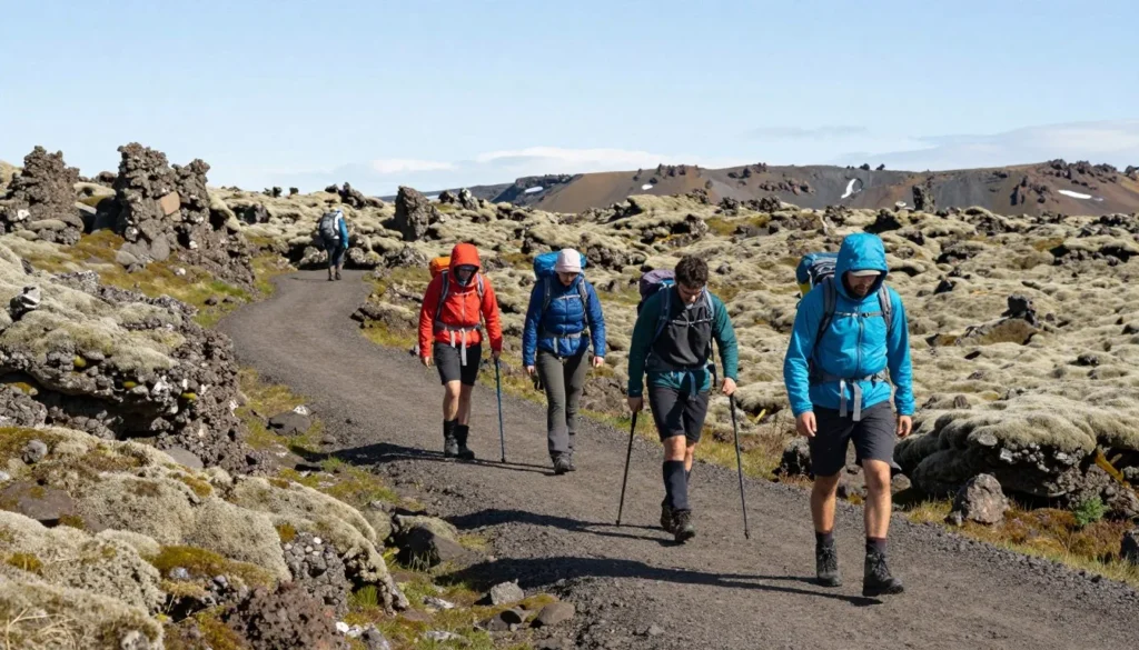 Hikers exploring trails at Thingvellir National Park Iceland Hikers exploring trails at Thingvellir National Park Iceland