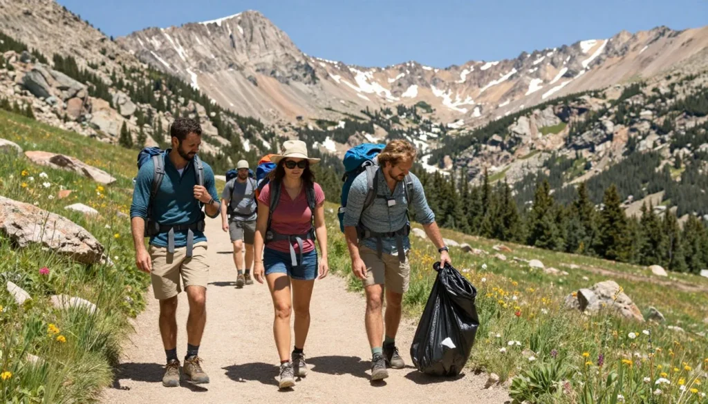 Hikers following Leave No Trace principles on Rocky Mountain trail Hikers following Leave No Trace principles on Rocky Mountain trail