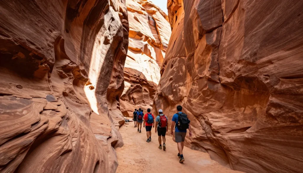 Hikers navigating narrow section of Little Wild Horse Canyon slot Hikers navigating narrow section of Little Wild Horse Canyon slot