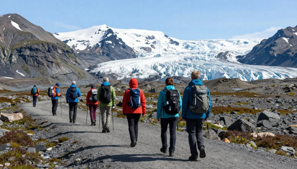 Hikers observing glacier views from Vatnajokull National Park trail Hikers observing glacier views from Vatnajokull National Park trail