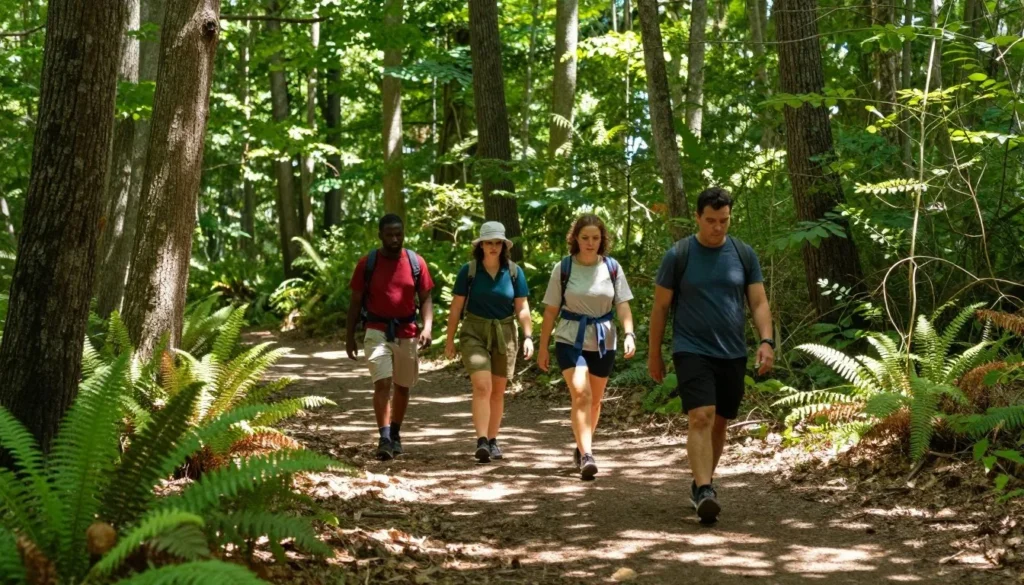 Hikers of diverse backgrounds walking forest trail through tall hardwood trees with dappled sunlight filtering through canopy Hikers of diverse backgrounds walking forest trail through tall hardwood trees with dappled sunlight filtering through canopy