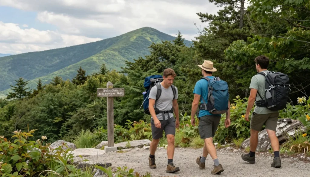 Hikers on Appalachian Trail near Hot Springs North Carolina with mountain views Hikers on Appalachian Trail near Hot Springs North Carolina with mountain views