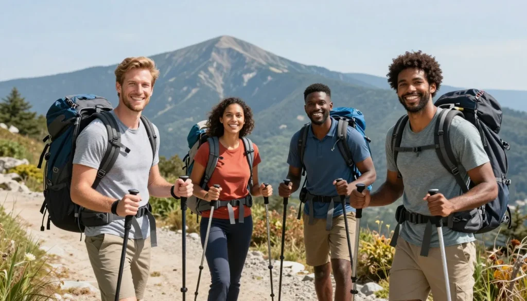 Hikers on Appalachian Trail with mountain views Hikers on Appalachian Trail with mountain views