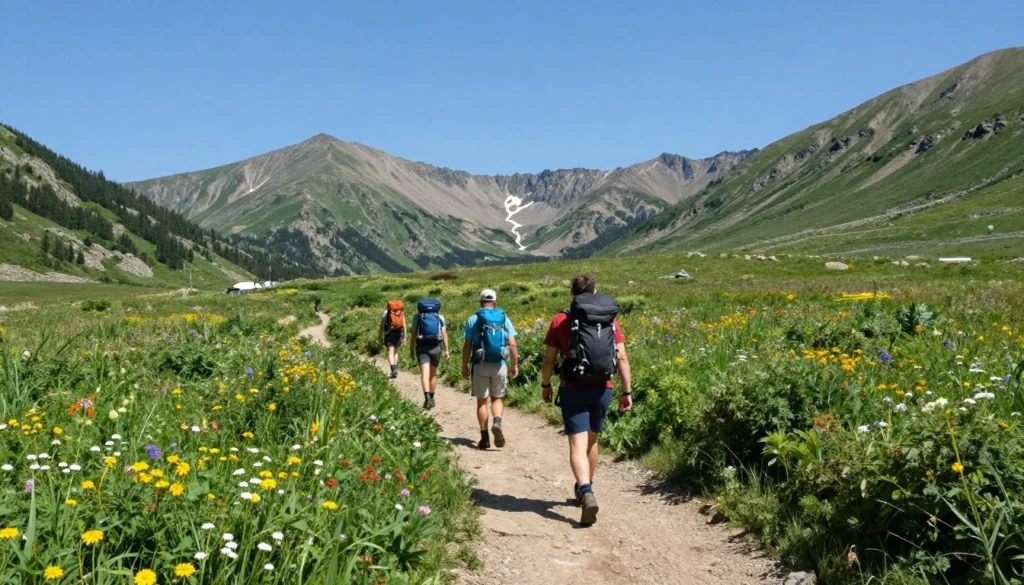 Hikers on Art Loeb Trail with mountain views and wildflowers Hikers on Art Loeb Trail with mountain views and wildflowers