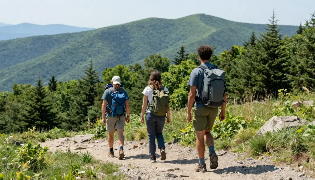 Hikers on Blue Ridge Mountain trail near Emerald Village with scenic overlook views Hikers on Blue Ridge Mountain trail near Emerald Village with scenic overlook views