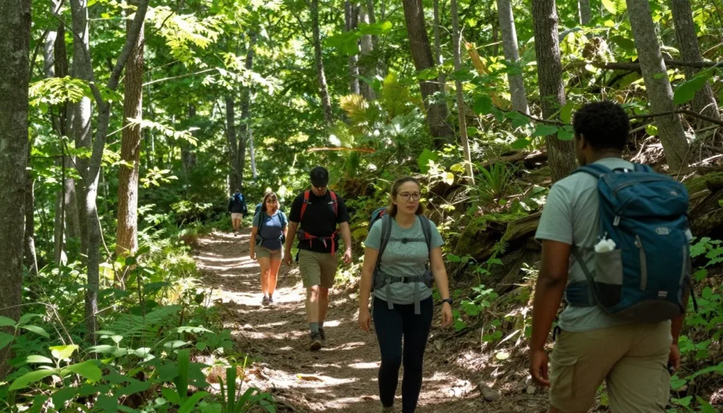 Hikers on Cumberland Gap trail through Appalachian forest Hikers on Cumberland Gap trail through Appalachian forest