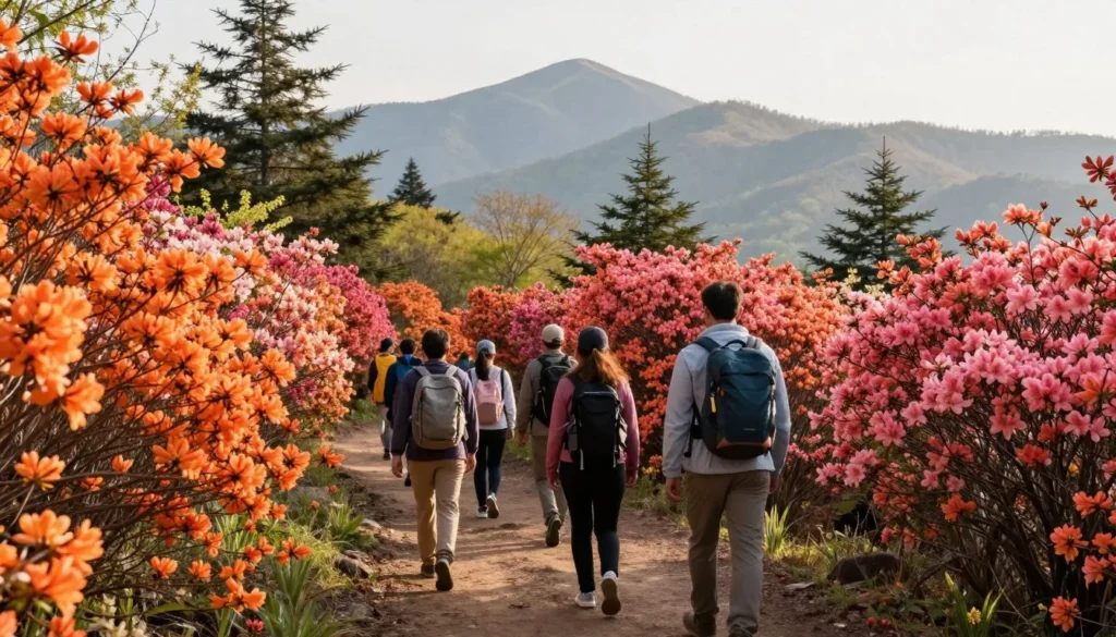 Hikers on Gregory Bald trail in spring surrounded by blooming azaleas Hikers on Gregory Bald trail in spring surrounded by blooming azaleas
