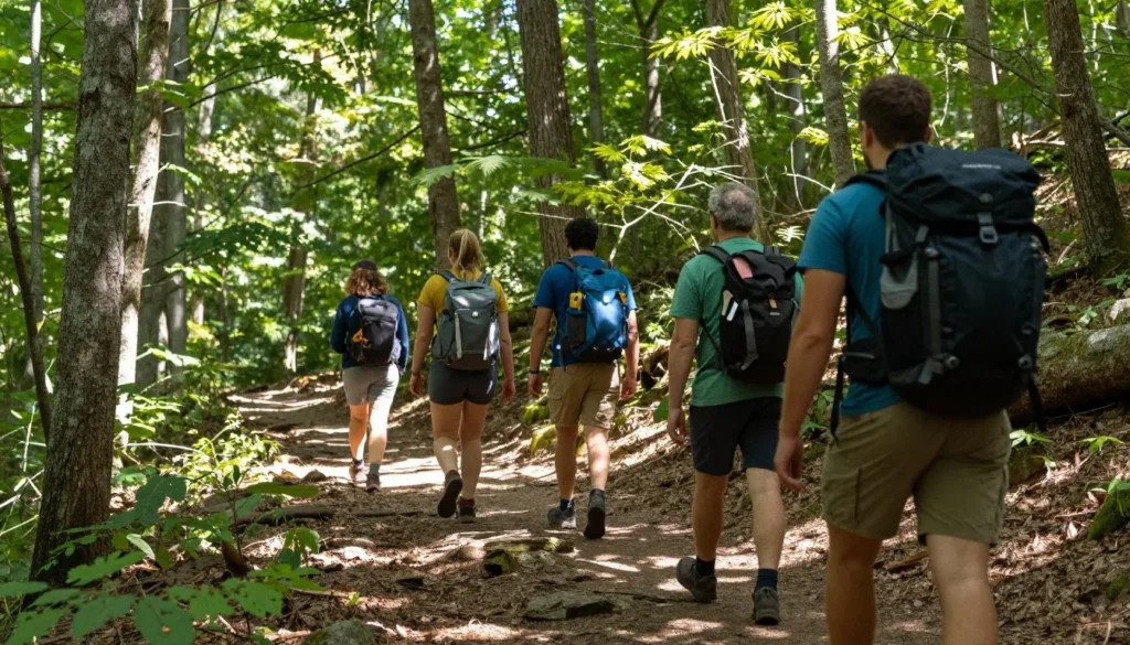 Hikers on Holston Mountain Tennessee trail through forest Hikers on Holston Mountain Tennessee trail through forest
