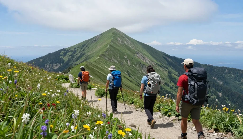 Hikers on Mount Chokai trail with alpine flowers and ocean views