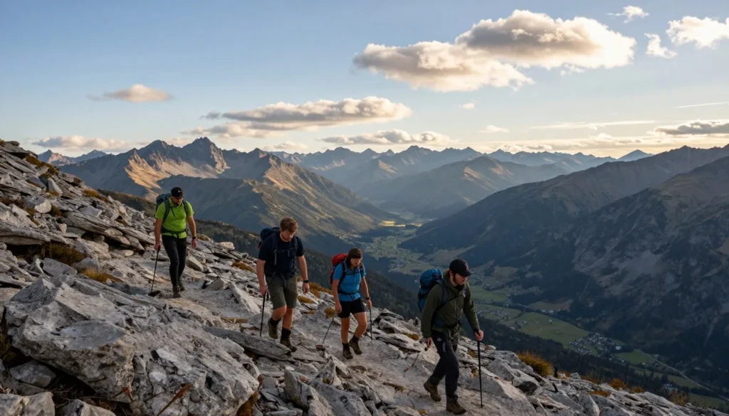 Hikers on Mount Nebo North Peak Trail with expansive Wasatch Range views