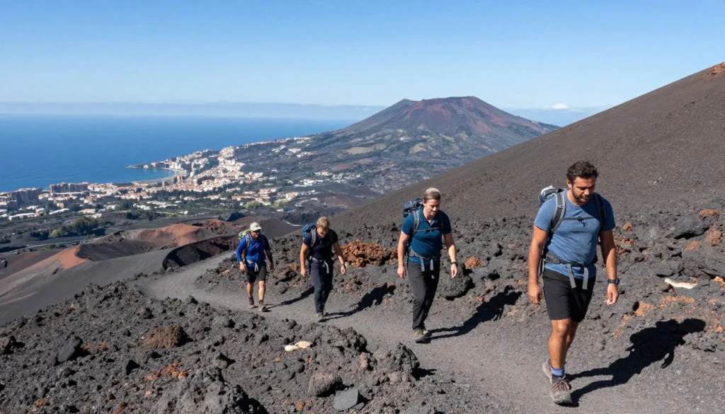 Hikers on Mount Vesuvius trail with panoramic views of Bay of Naples Hikers on Mount Vesuvius trail with panoramic views of Bay of Naples