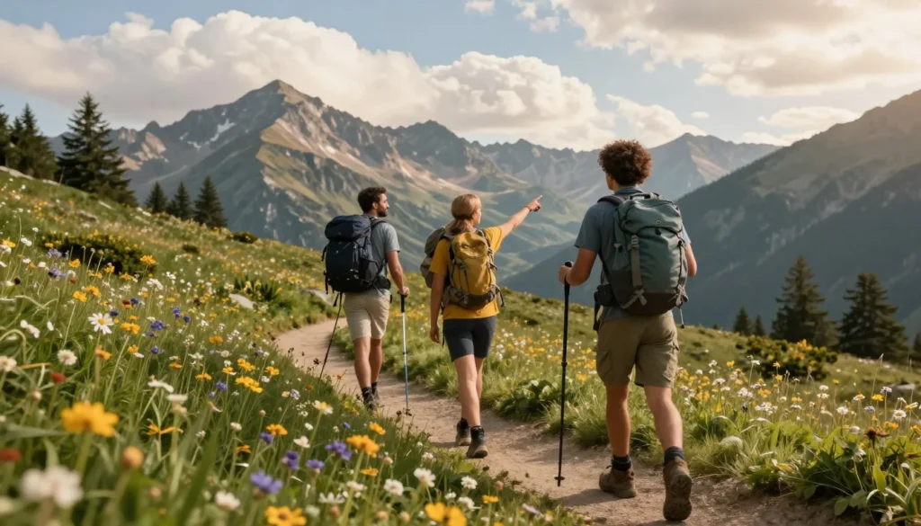 Hikers on Ruby Crest Trail with mountain peaks and alpine meadows