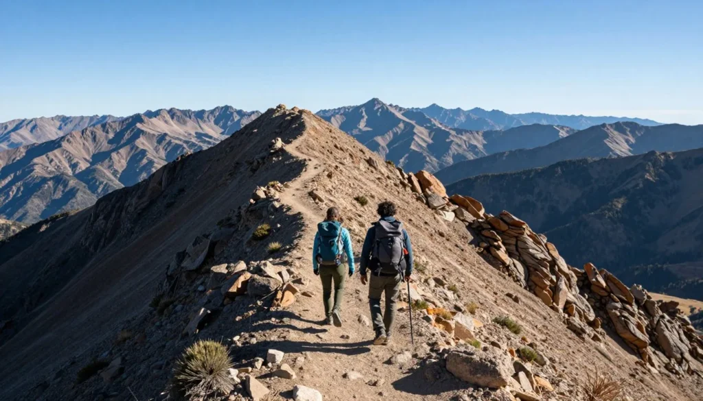 Hikers on Ruby Crest Trail with panoramic mountain views Hikers on Ruby Crest Trail with panoramic mountain views