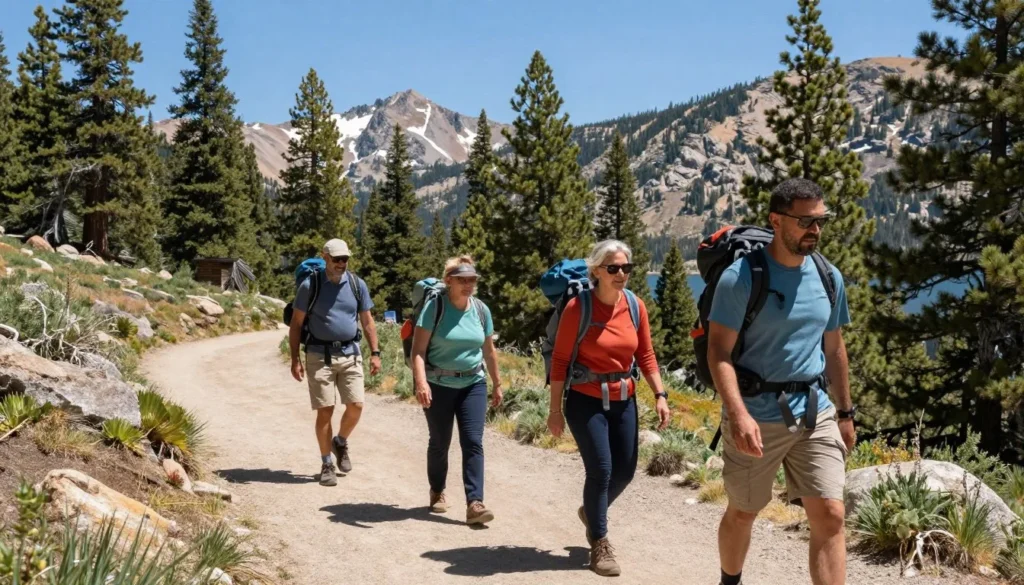 Hikers on Spooner Lake trail with mountain backdrop