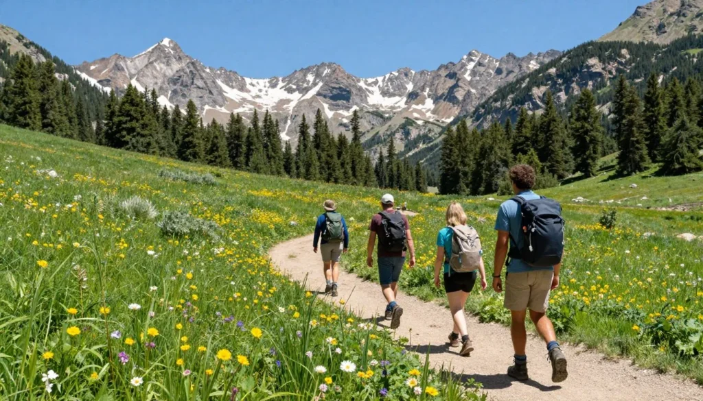 Hikers on Vail Pass backcountry trail through alpine meadow Hikers on Vail Pass backcountry trail through alpine meadow