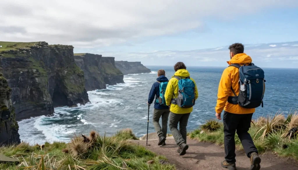 Hikers on Wild Atlantic Way coastal trail on Inishowen Peninsula with ocean views