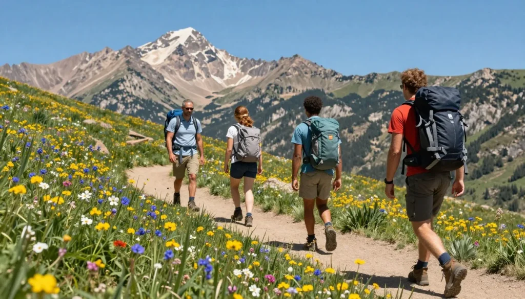 Hikers on alpine trail with mountain wildflowers at Park City Hikers on alpine trail with mountain wildflowers at Park City