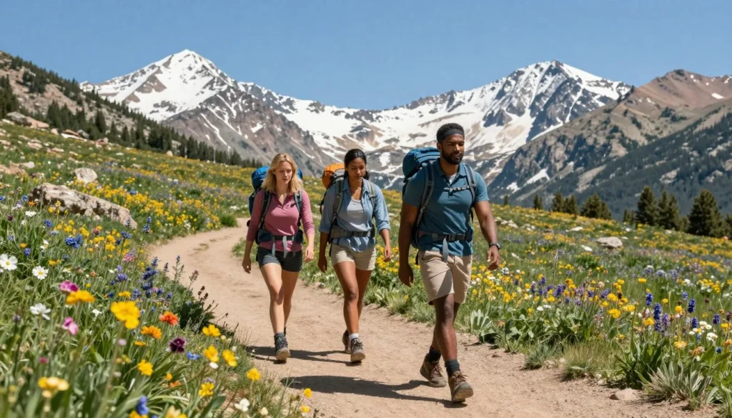Hikers on alpine tundra trail with mountain wildflowers in Rocky Mountain National Park Hikers on alpine tundra trail with mountain wildflowers in Rocky Mountain National Park