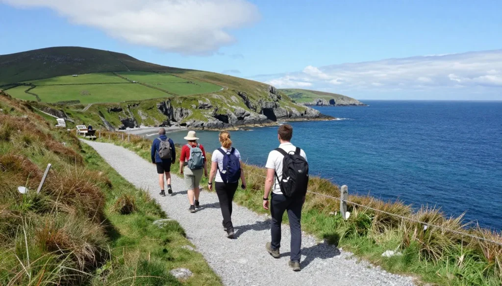 Hikers on coastal path with ocean views and green hillsides