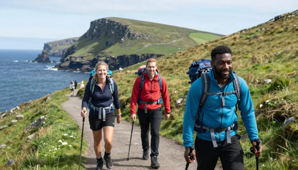 Hikers on coastal trail Dingle Peninsula Ireland with ocean views
