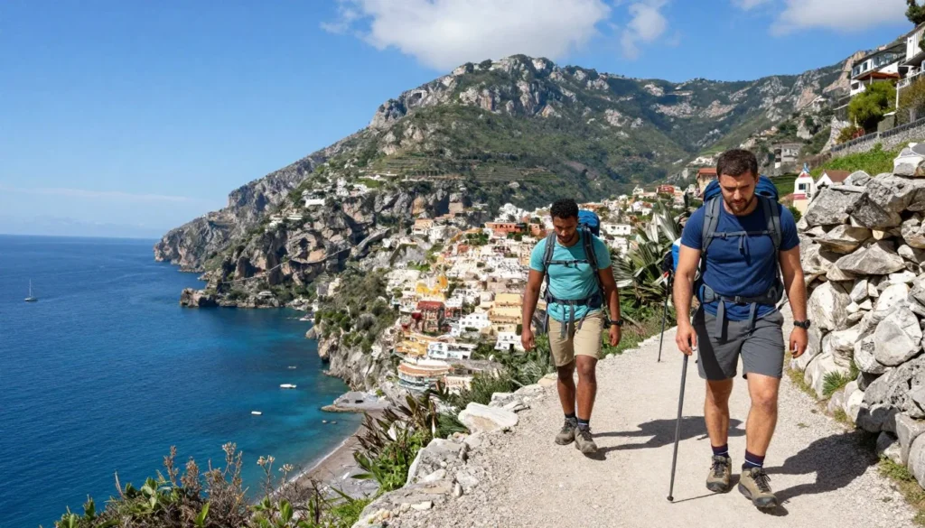 Hikers on coastal trail with panoramic views of Amalfi Coast