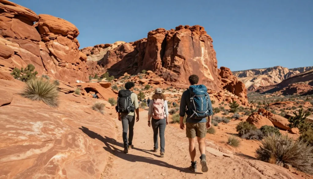 Hikers on desert trail with red rock formations