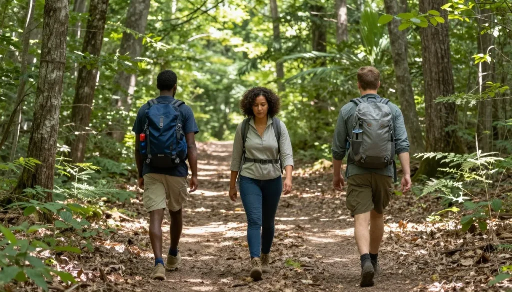 Hikers on forest trail at Chickasaw State Park Tennessee Hikers on forest trail at Chickasaw State Park Tennessee