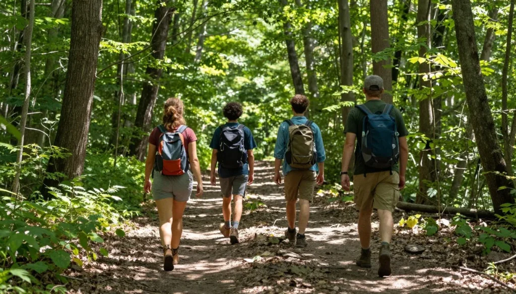 Hikers on forest trail at Warriors Path State Park surrounded by tall trees Hikers on forest trail at Warriors Path State Park surrounded by tall trees