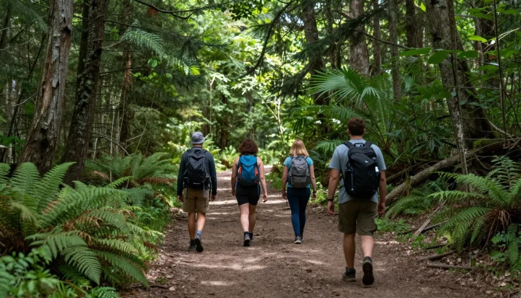 Hikers on forest trail in Great Smoky Mountains National Park surrounded by green trees Hikers on forest trail in Great Smoky Mountains National Park surrounded by green trees