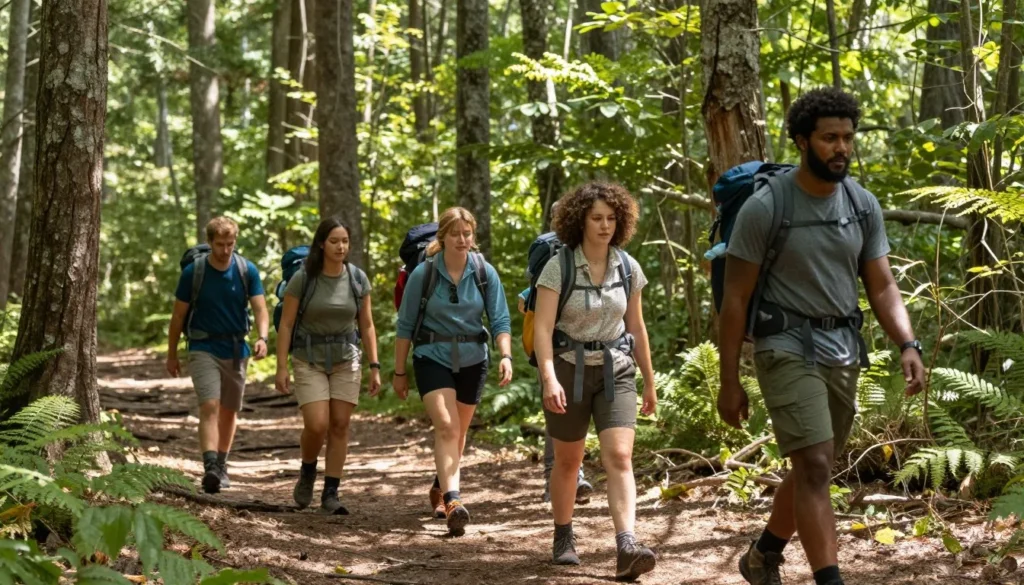 Hikers on forest trail in Nantahala National Forest Hikers on forest trail in Nantahala National Forest