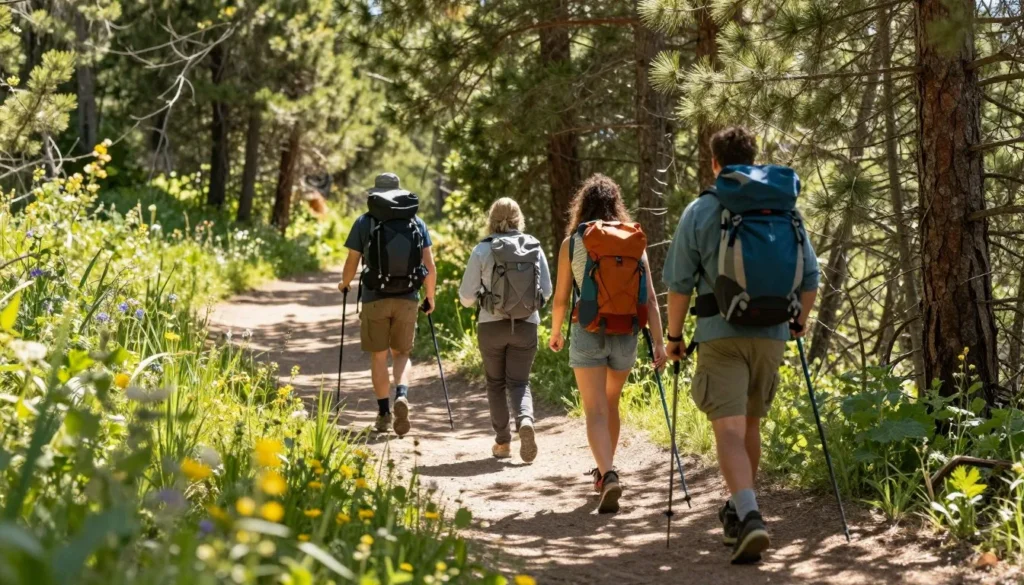 Hikers on forest trail near Provo River in summer