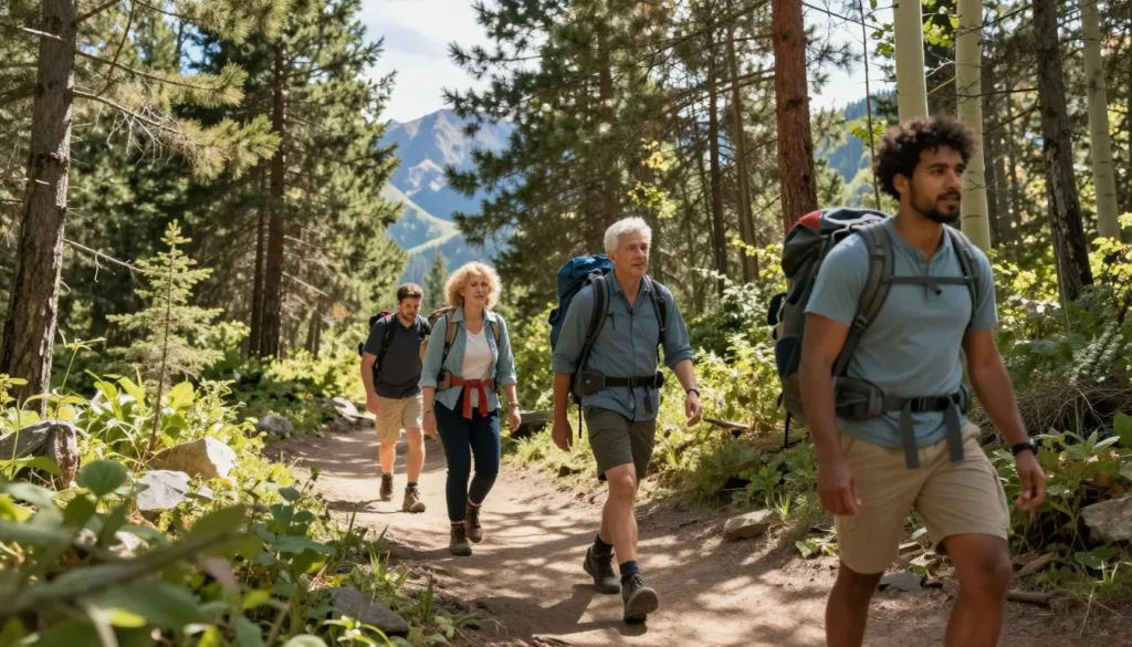 Hikers on forest trail near Steamboat Lake with mountain views Hikers on forest trail near Steamboat Lake with mountain views