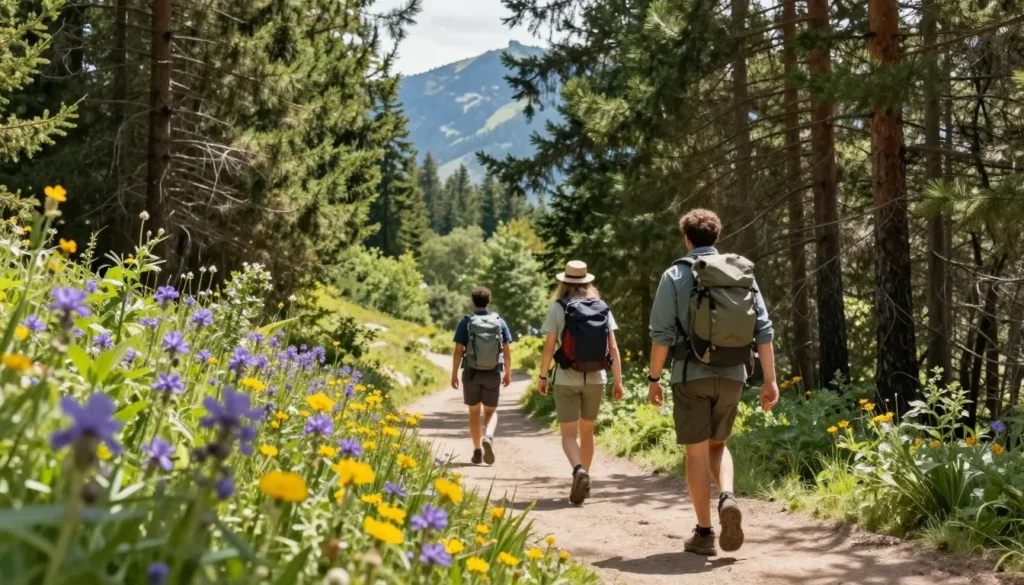 Hikers on forest trail surrounded by tall pine trees and mountain wildflowers Hikers on forest trail surrounded by tall pine trees and mountain wildflowers