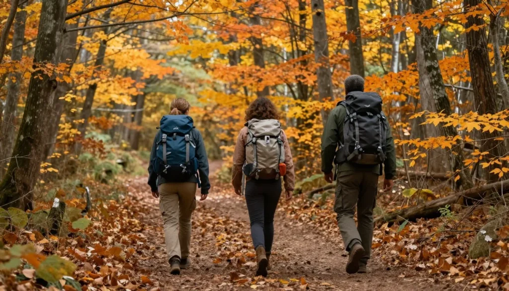 Hikers on forest trail through Land Between the Lakes with autumn foliage Hikers on forest trail through Land Between the Lakes with autumn foliage