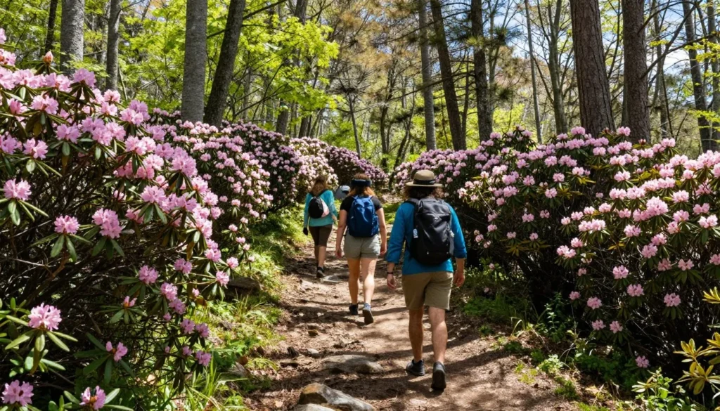 Hikers on forest trail through rhododendron and mountain laurel in North Carolina Hikers on forest trail through rhododendron and mountain laurel in North Carolina