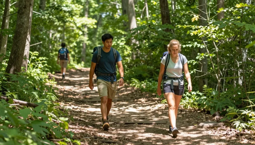Hikers on forested trail at Crowders Mountain State Park Hikers on forested trail at Crowders Mountain State Park