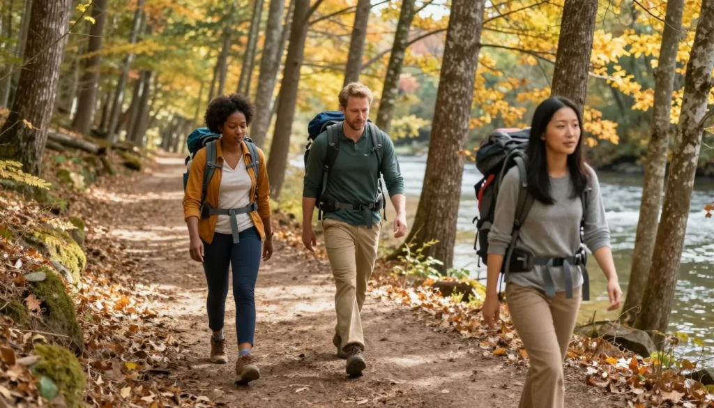 Hikers on forested trail beside Hiwassee River observing autumn scenery Hikers on forested trail beside Hiwassee River observing autumn scenery