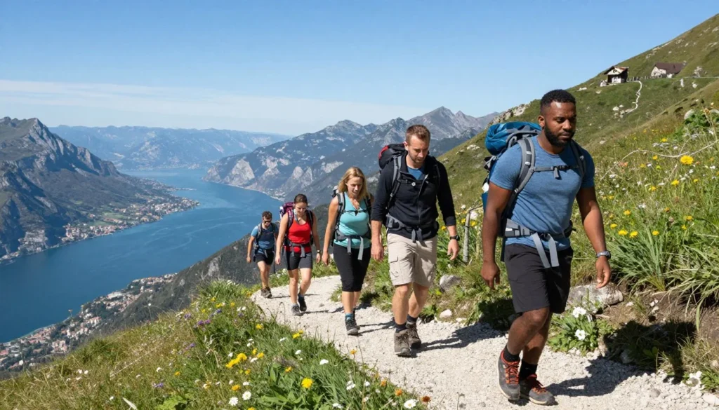 Hikers on mountain trail above Lake Garda with panoramic views of blue water and surrounding peaks Hikers on mountain trail above Lake Garda with panoramic views of blue water and surrounding peaks