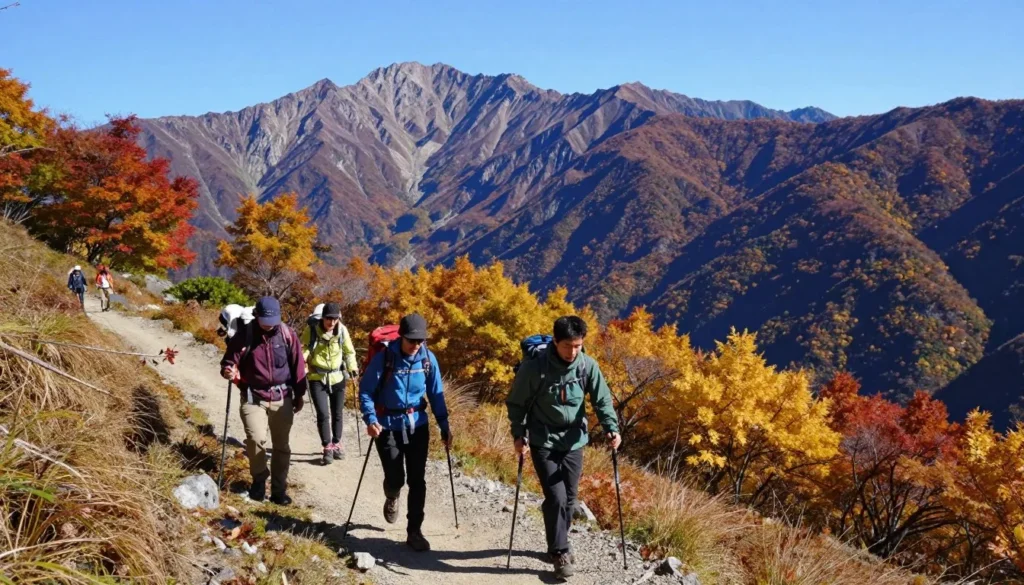 Hikers on mountain trail in Japanese Alps with autumn colors